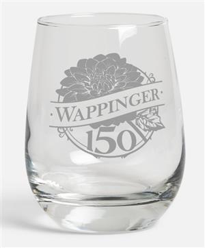 15.25 oz. capacity Stemless wine glass etched with the Wappinger 150 logo